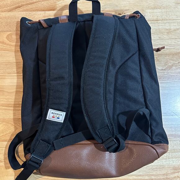BENRUS Drawstring Backpack Black Brown Faux Leather Trim Vintage Military EUC - Picture 3 of 7